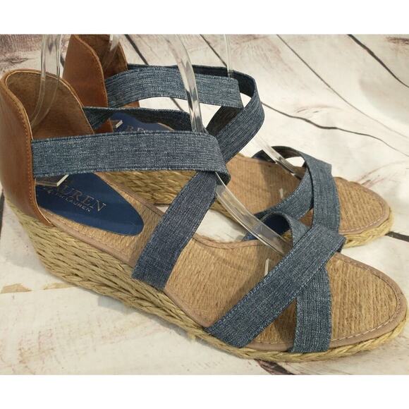 Lauren ralph lauren Size 10 Cortney denim elastic wedge rope espadrilles sandal - Picture 1 of 8